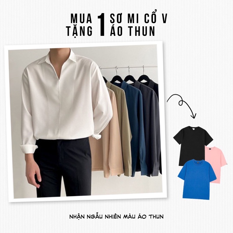 Sơ mi nam nữ cổ V vải lụa, Áo sơ mi form rộng Unisex nam nữ tay dài Hàn Quốc TF4.0