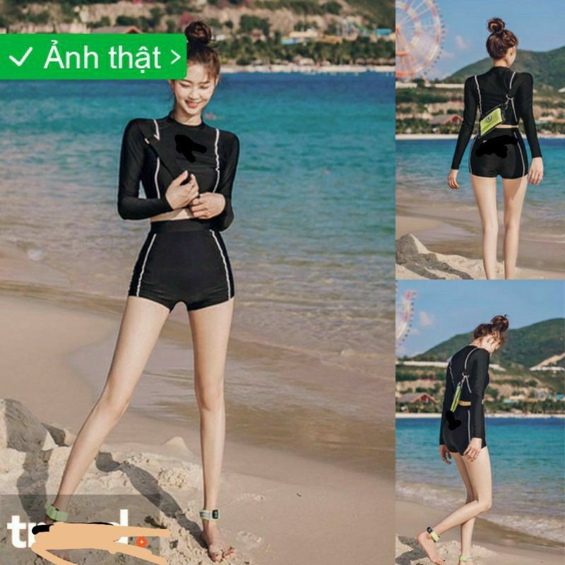 Bikini Đồ Bơi Tay Dài, Monokini Viền Trắng Style Hàn Quốc