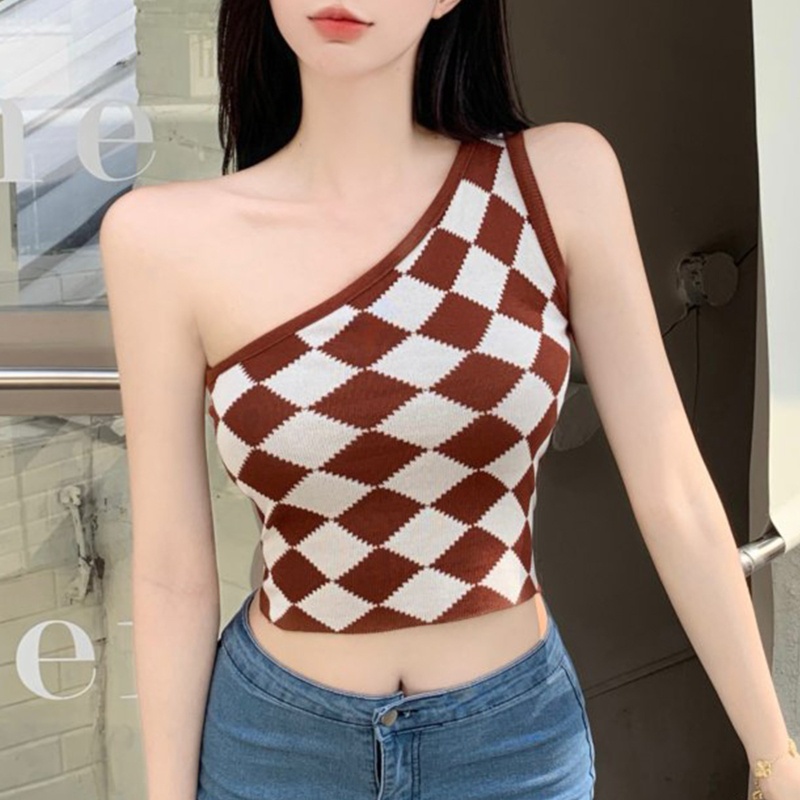 Youyo Áo Croptop Dệt Kim Không Tay Lệch Vai Kẻ Sọc Kim Cương Gợi Cảm Cho Nữ Sl