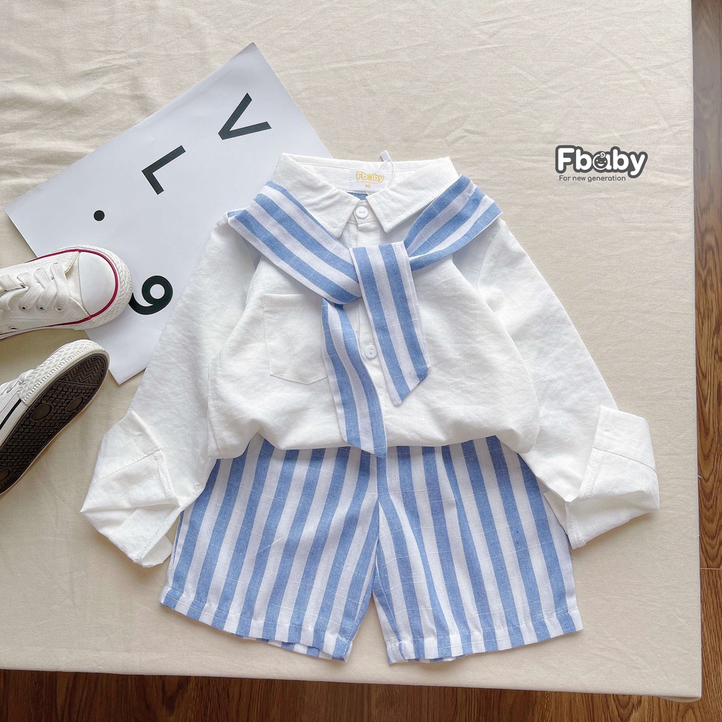 Set bộ quần áo sơ mi bé trai FBABY thiết kế dài tay chất thô đũi trắng trơn