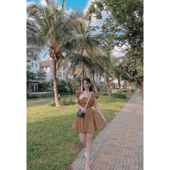 Đầm dạo phố màu nâu đất cổ V cánh tiên xinh xắn, dịu dàng Luna Dress