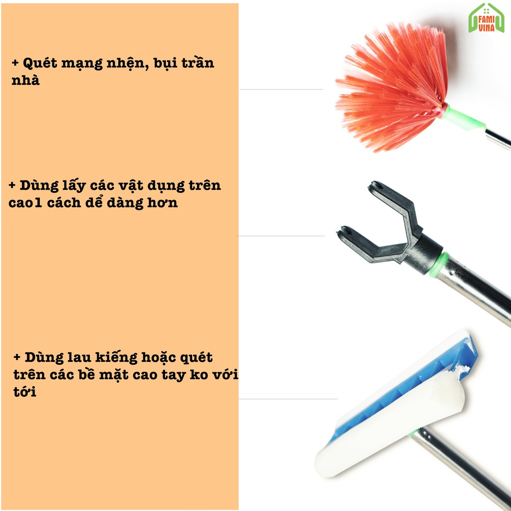 Cây quét trần nhà đa năng thông minh 3 in 1 chổi quét mạng nhệnh bụi trần nhà lau kính 3m treo quần áo vật dụng trên cao