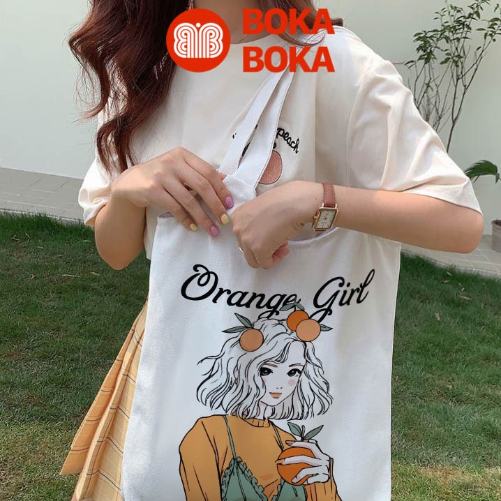 Túi tote túi vải canvas xách vai nữ Orange Girl thời trang phong cách Hàn Quốc đi học giá rẻ có khóa kéo