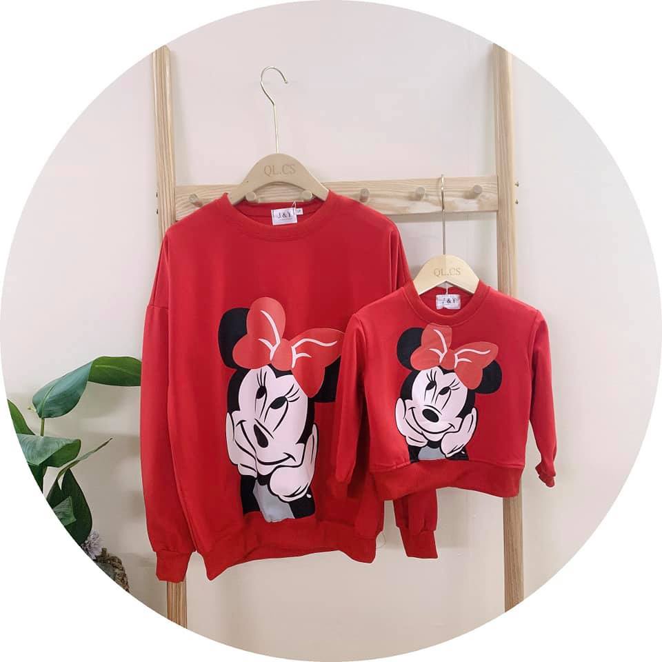 Áo nỉ bông nữ cho mẹ và bé mặc đôi hình mickey đỏ dày mịn không xù giữ ấm