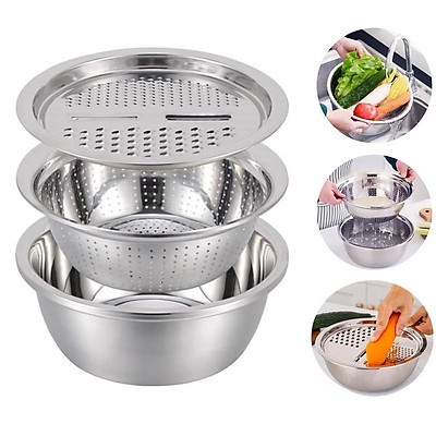 Bộ rổ và chậu inox kèm mâm nạo và gọt vỏ rau, củ, quả 3 trong 1 đa năng, tiện dụng, tiết kiệm -KHOBUONPHIANAM