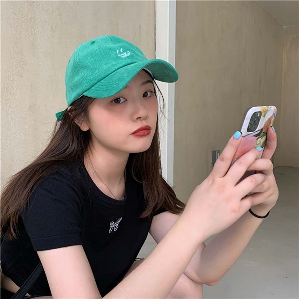Mũ lưỡi trai mềm màu xanh lục hình mặt cười đơn giản thời trang Hàn Quốc