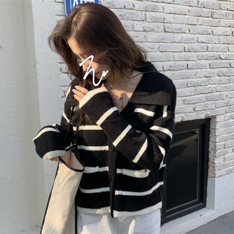 Áo Khoác Cardigan Dệt Kim Dáng Rộng Họa Tiết Kẻ Sọc Thời Trang Mùa Thu Mới Cho Nữ