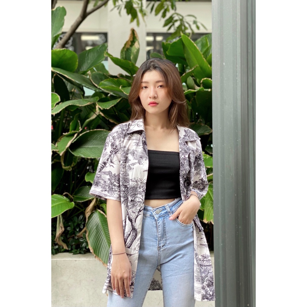 Áo Somi Unisex tay ngắn sơn thủy trắng đen