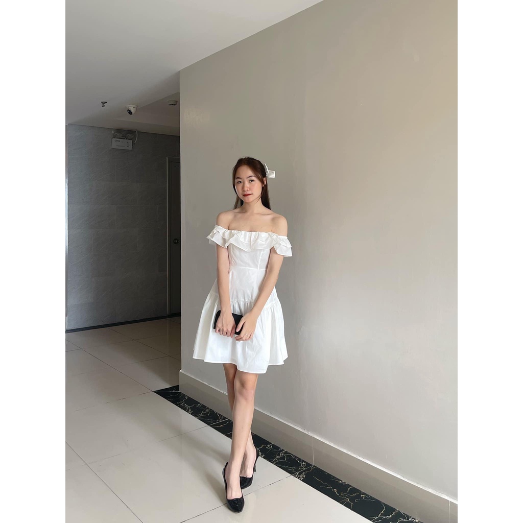 [Sẵn/ảnh thật] Váy trễ vai hồng phấn trắng chun sau tiểu thư siêu xinh đầm xinh đi chơi