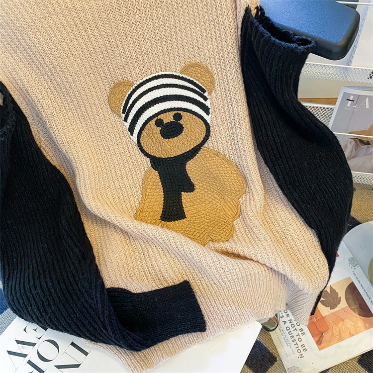 Áo Len Dáng Rộng Hở Vai Màu Sắc Tương Phản Thời Trang Thu Đông Dành Cho Nữ