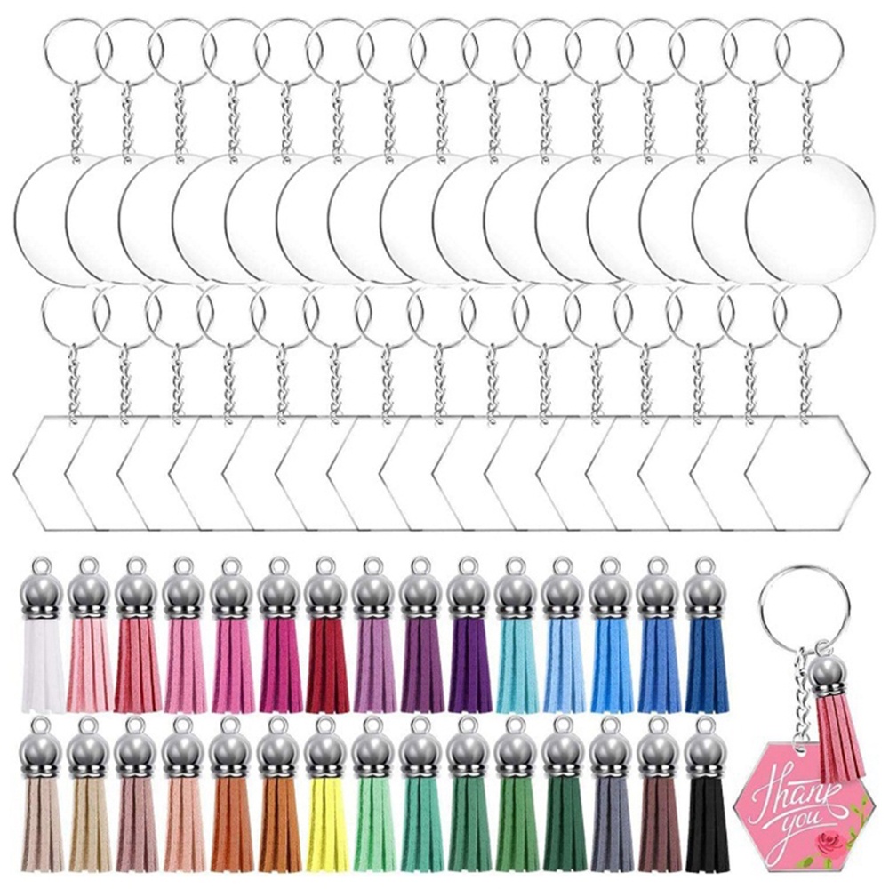 Set 120 Móc Khóa Hình Tròn Bằng Acrylic Trong Suốt Phối Da Tua Rua DIY