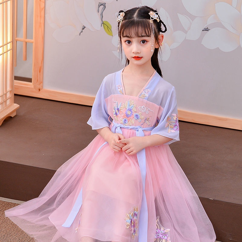 Đầm công chúa tay ngắn phong cách Trung Hoa cổ điển thời trang mùa hè cho bé gái 4-15 tuổi