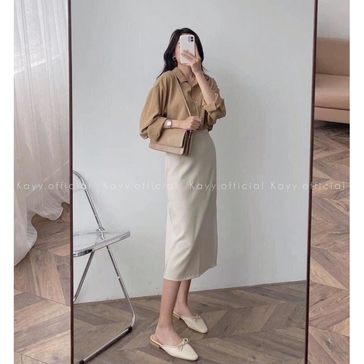 [Có bán rời] Set áo sơ mi dài tay phối chân váy xẻ tà vải đũi