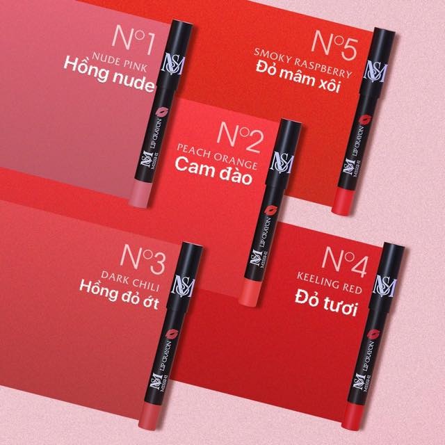 Combo 5 Son Sâm Bút Chì Misshi Lip Crayon 17g Nhập Khẩu Hàn Quốc (Màu: Hồng, Cam Đào, Đỏ Tươi, Đỏ Mâm Xôi, Đỏ Ớt)