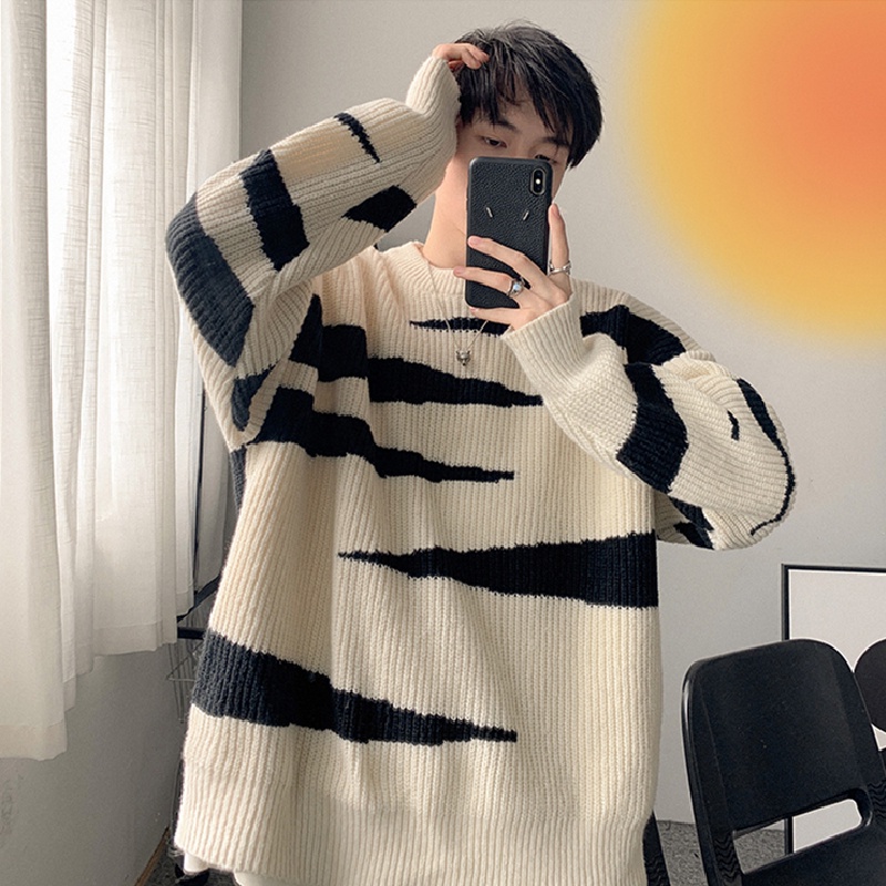 Áo sweater dệt kim cổ tròn dáng rộng kẻ sọc kiểu Hàn Quốc thời trang thu đông cho nam size M-2XL