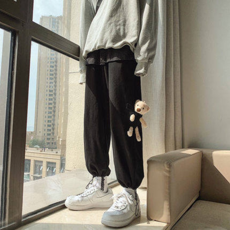 ✦ AFFLIGA ✦Quần thể thao ống đứng vải cotton co giãn in hình gấu hoạt hình thời trang Hàn Quốc cho nam size S-3XL