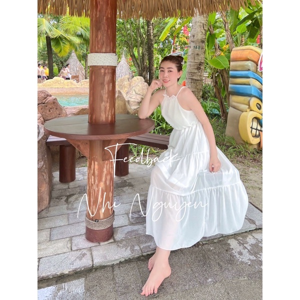 Đầm maxi cổ yếm nối tầng thắt nơ eo đi biển