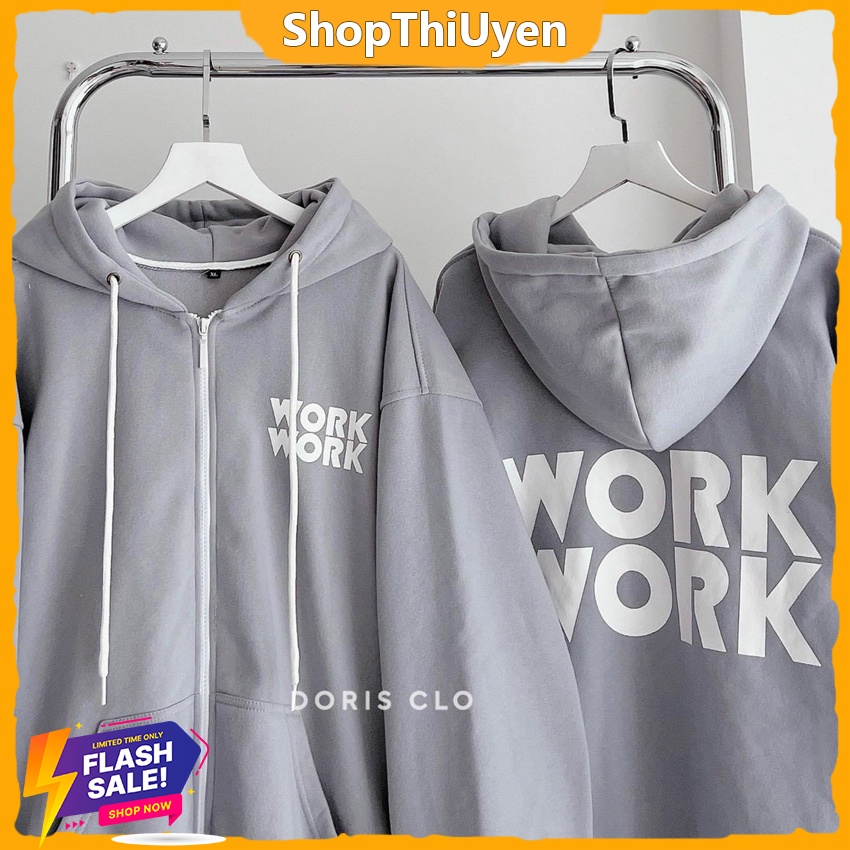 Áo hoodie Hàn Quốc in chữ WOR dây khóa kéo có mũ màu xám form rộng siêu đẹp