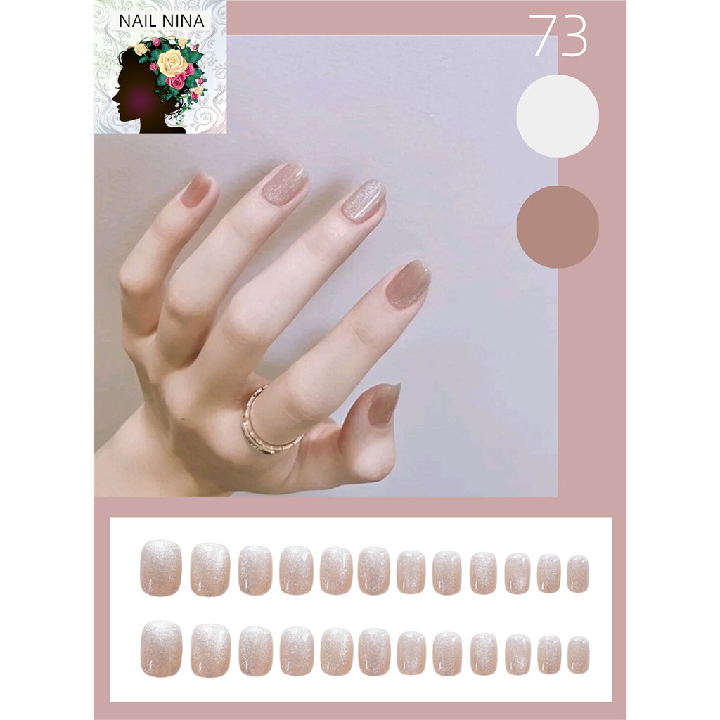 Bộ 24 móng tay giả Nail Nina mắt mèo hồng mã mini 73 【Tặng kèm dụng cụ lắp】