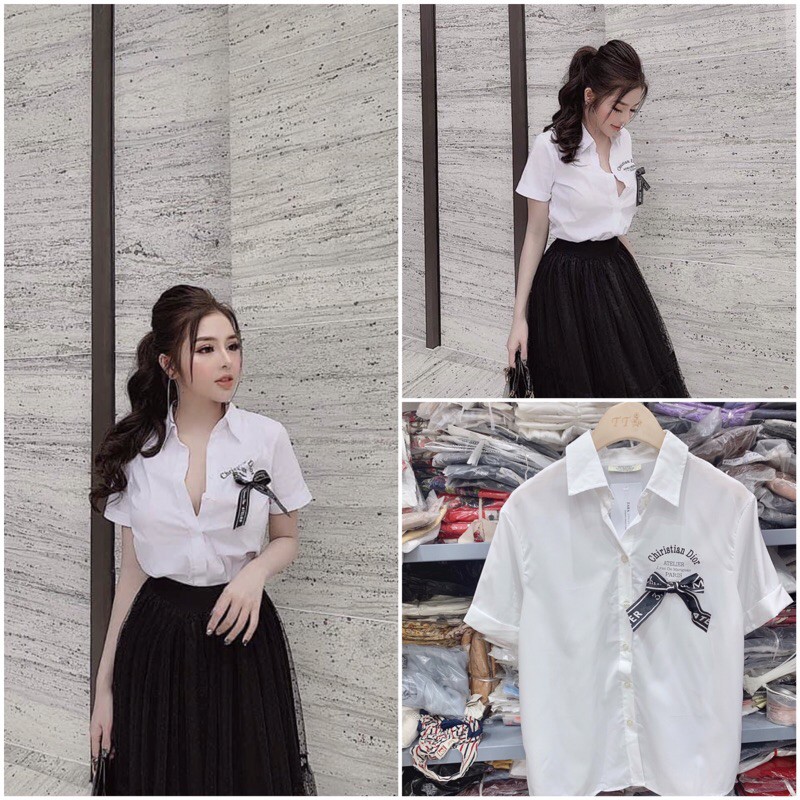 Bán sỉ áo sơ mi nữ cộc tay trắng nơ ngực