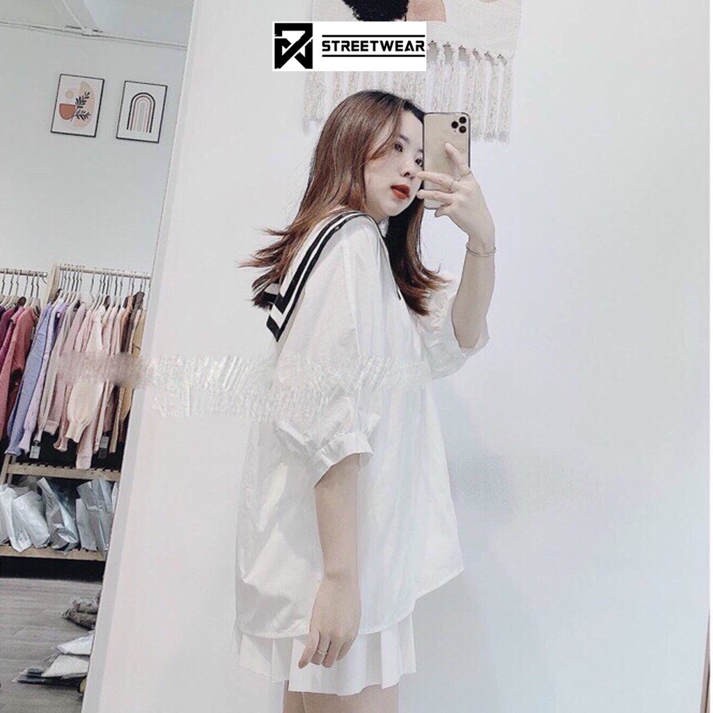 Áo sơ mi nữ Bape tay lỡ cổ thủy thủ viền đen form rộng ulzzang (màu trắng)