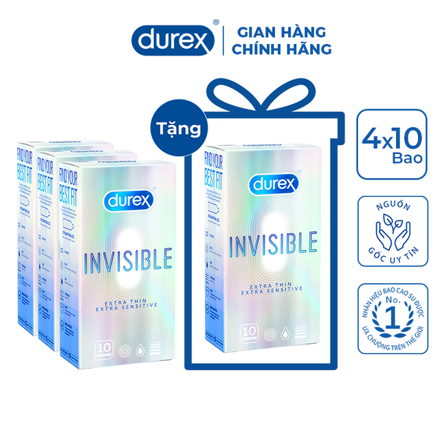 Bộ 3 hộp bao cao su Durex Invisible (10 bao/hộp, size 52mm) + Tặng 1 hộp cùng loại