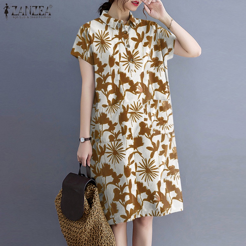 Đầm nữ Zanzea dáng rộng tay ngắn cổ bẻ in họa tiết thời trang