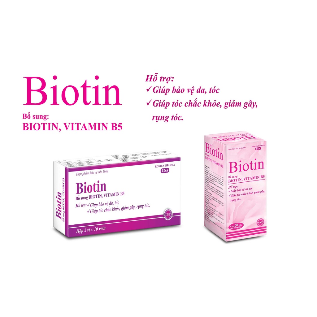 Biotin ROXTECH bổ sung Vitamin B5 giúp tóc chắc khỏe, giảm gãy rụng tóc 20 viên [Biotin Vỉ 20v]