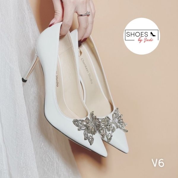 Giày cao gót 9 phân bít mũi đính đá hình bướm - một đôi cao gót cực sang chảnh cuốn hút - SUDI SHOES- V6 BEA