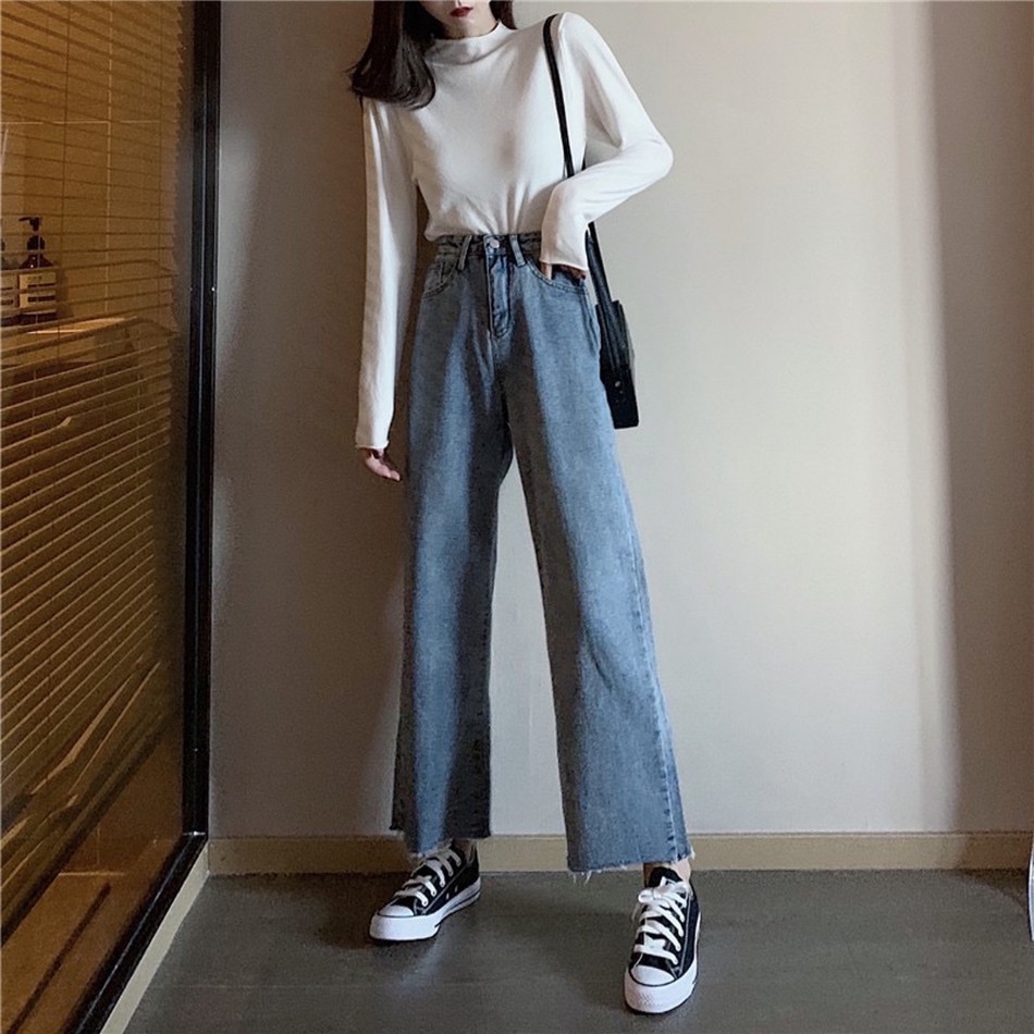 Quần jean nữ ống rộng lưng cao, bò suông phong cách thời trang Hàn Quốc dài quần 90cm