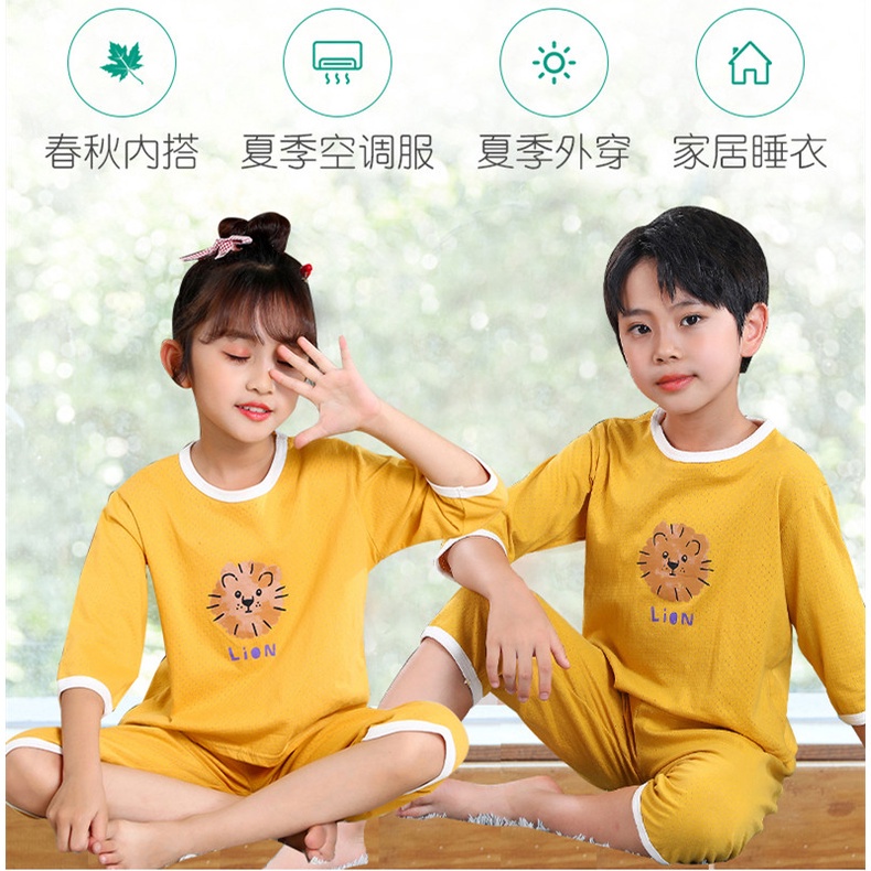 Bộ Đồ Ngủ Tay Dài 3 / 4 Bằng Cotton Thoáng Khí Dành Cho Bé Trai Gái 90-150cm
