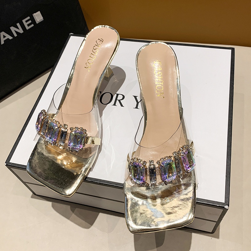 Dép Cao Gót Quai Trong Suốt Đính Đá Thời Trang Mùa Hè Dành Cho Nữ