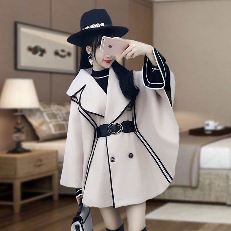 Áo khoác mùa đông thêm nhung dày thì áo lông dơi viền đen màu be, choàng nữ 2020 mới | BigBuy360 - bigbuy360.vn