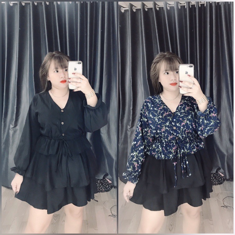 [BIGSIZE] Áo đính nút tay dài rút dây eo (60-90kg)