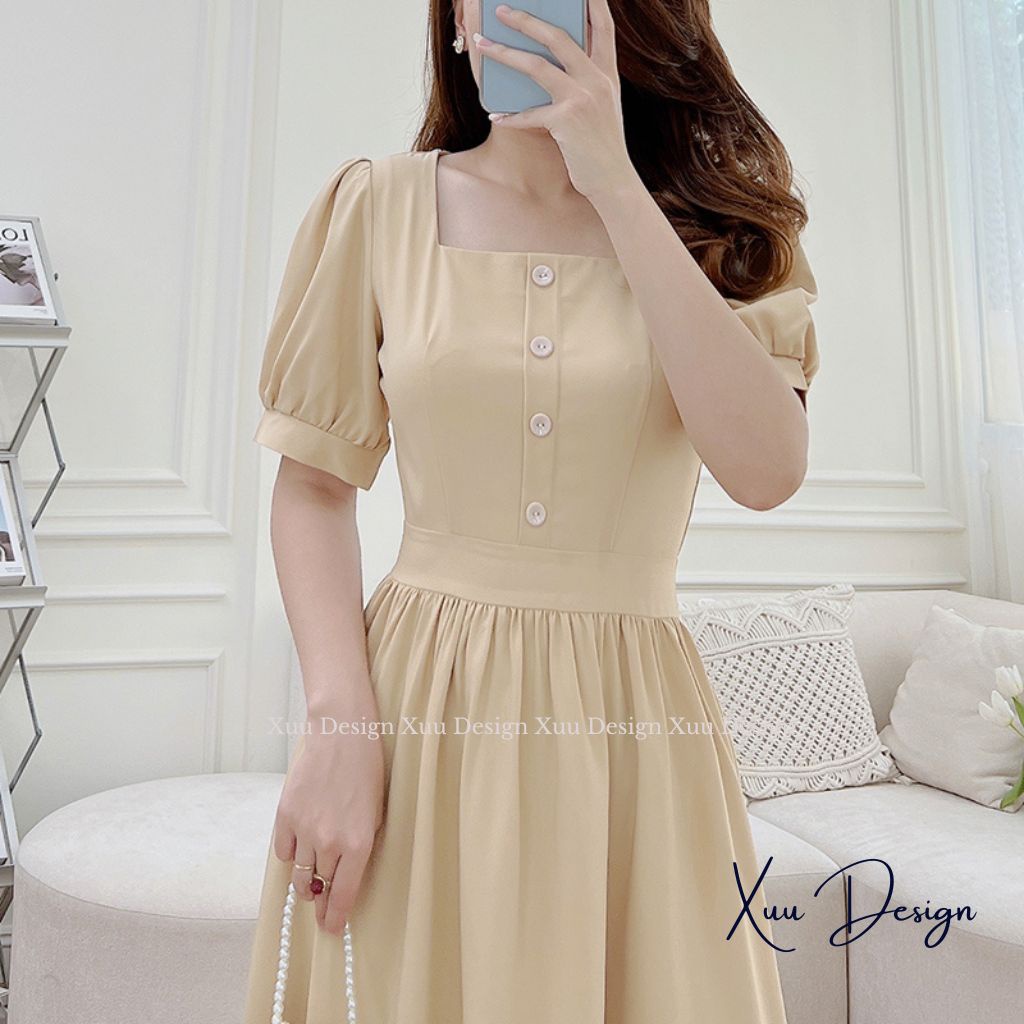 Váy nữ thiết kế XUU kiểu cổ vuông dáng xòe kiểu dáng nhẹ nhàng thanh lịch - V09