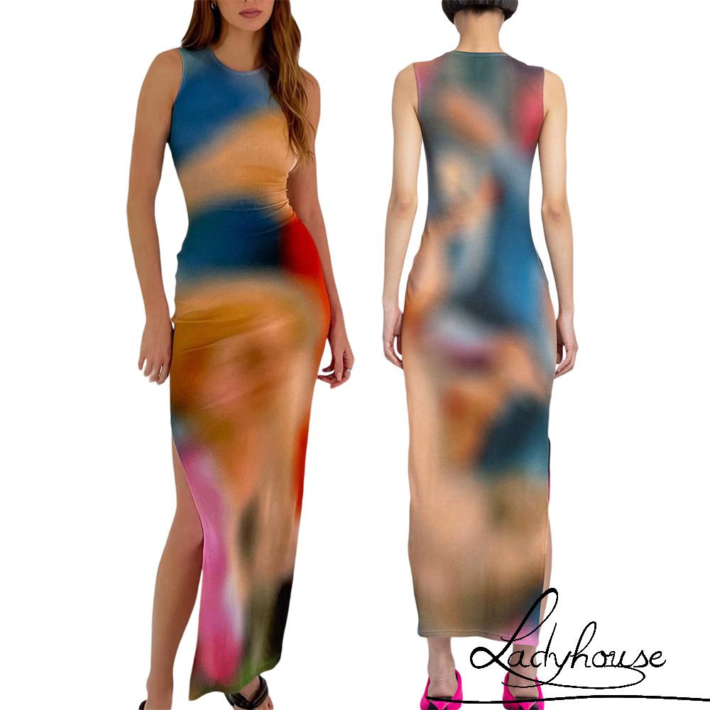 Đầm Dài Sát Nách Cổ Tròn Xẻ Tà Hông Nhuộm Màu Nhuộm Thời Trang Mùa Hè Cho Nữ