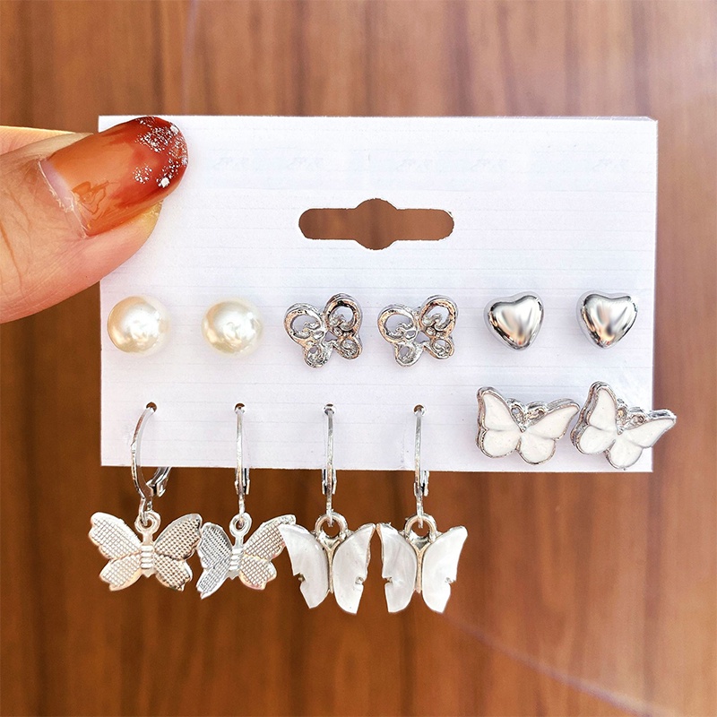 Set 6 Khuyên Tai Mạ Bạc Hình Bướm/Trái Tim/Ngọc Trai Nhiều Màu Sắc