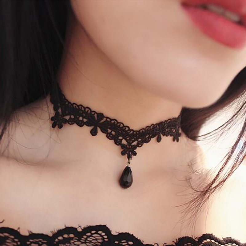 Vòng Cổ Choker Ren Đính Đá Hình Giọt Nước Phong Cách Cổ Điển