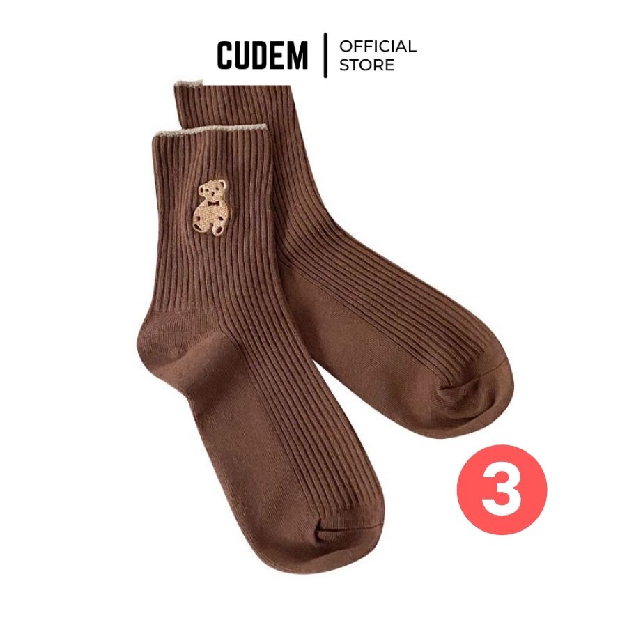 Tất nữ cổ cao vải cotton thêu hình chú gấu hoạt hình phong cách Hàn Quốc C5