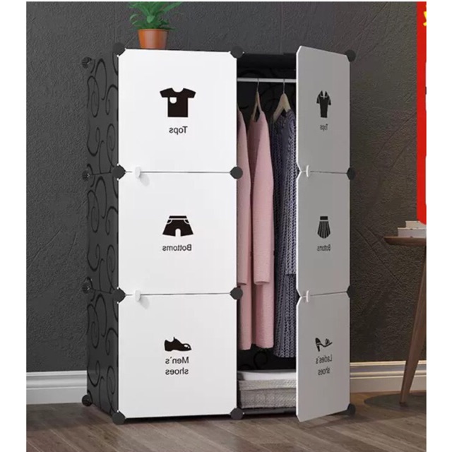 Tủ nhựa quần áo lắp ghép 6 ô sâu 47cm. Tặng 1 treo và tay cầm mở cửa. Mẫu mới siêu HOT. Thân đen cửa trắng quần áo