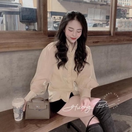 Áo sơ mi tơ lụa màu be tây cổ sen tay bồng sang chảnh áo sơ mi công sở TL024