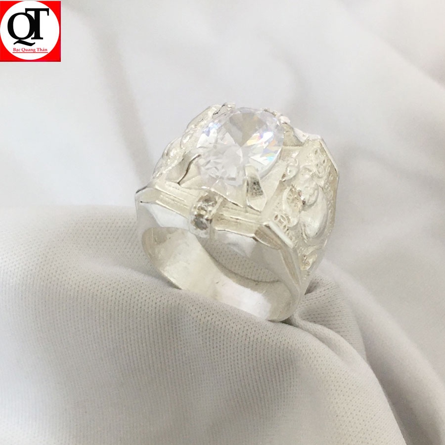 Nhẫn nam kim tiền bạc ta mặt đá ovan màu trắng Bạc Quang Thản - QTNA65