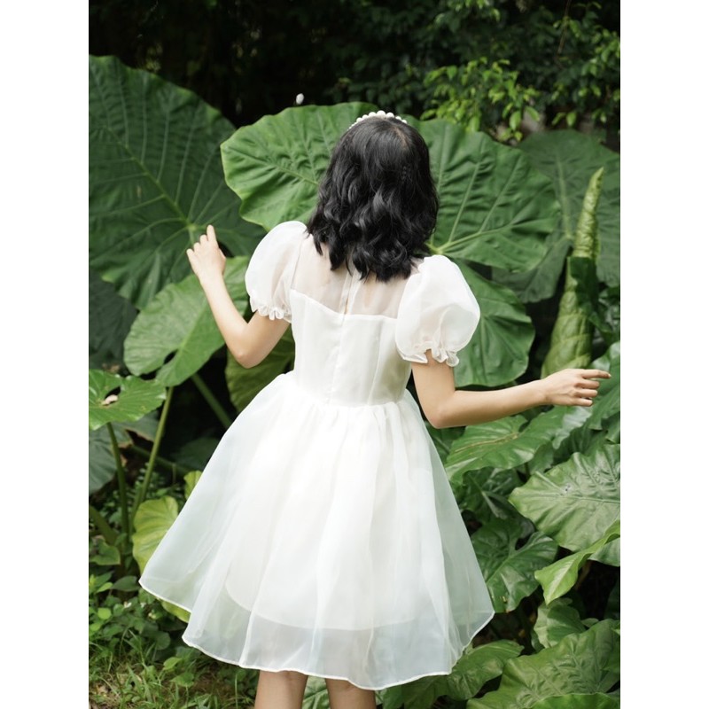 Đầm dự tiệc queenie dress  thiết kế voan kính tay bồng cổ cứng caocaobycaochen 3 màu trắng xanh hồng có bigsize