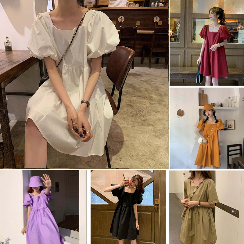 Đầm nữ tay phồng cổ vuông cổ điển đơn giản thời trang
