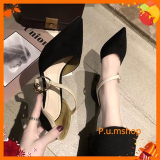 Giày cao gót 8cm da lộn nhiều màu, quai chéo phối tag C sang chảnh (Order-ảnh thật) 