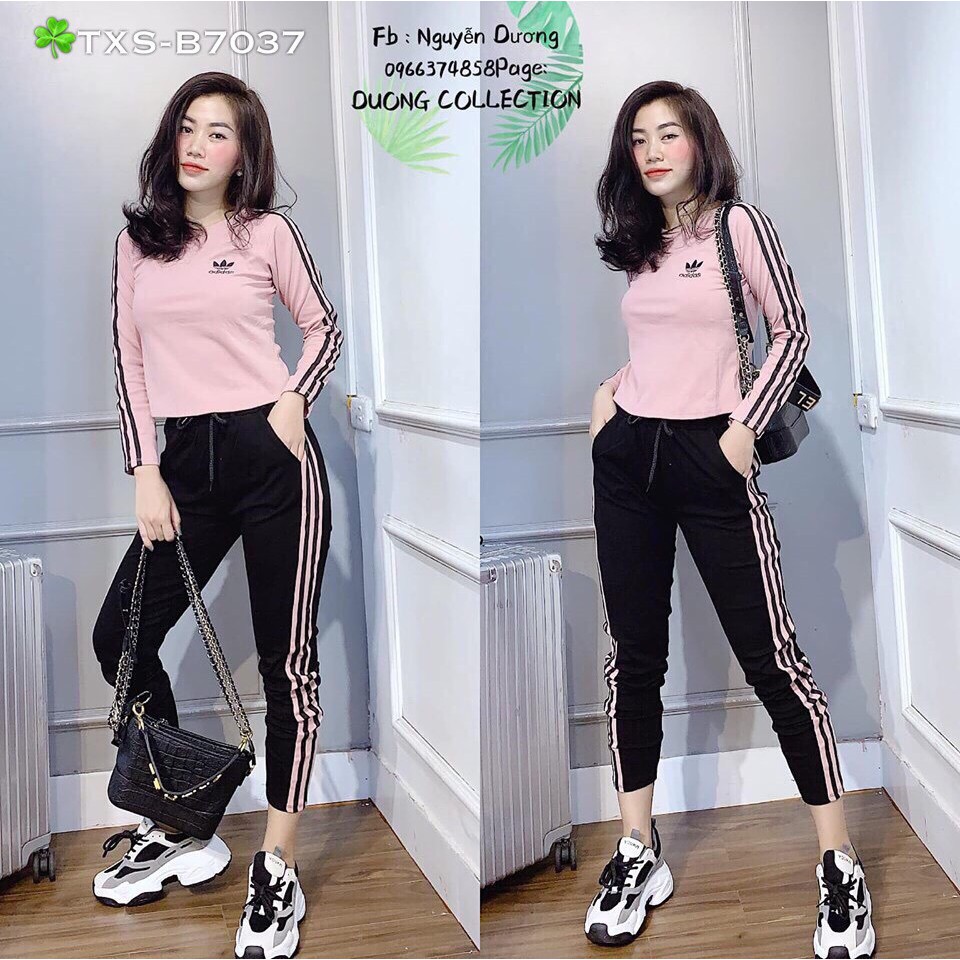 Sét Bộ Thể Thao Phối Viền Kết Hợp Áo Form Croptop Kèm Logo Cực Chất TTS0799