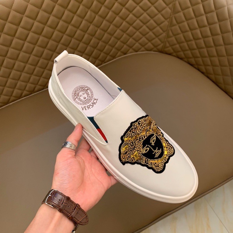 Giày lười da cho nam Versace da thật cao cấp mặt thêu logo thương hiệu