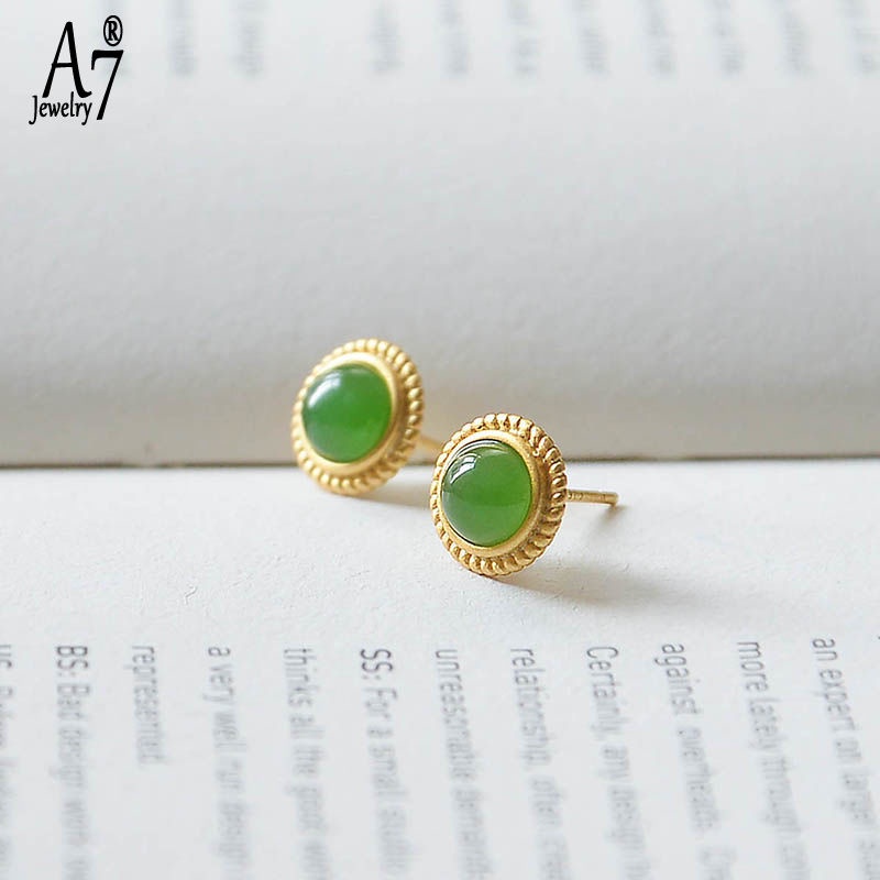 A7 S925 Sterling Silver Inlaid Gemstone Gilding Craft Jasper Stud Earrings