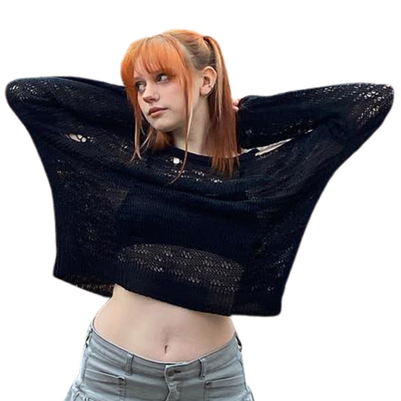 Áo Croptop Dệt Kim Tay Dài Che Phủ Lỗ Y2K Phong Cách Boho Y2K Cho Nữ