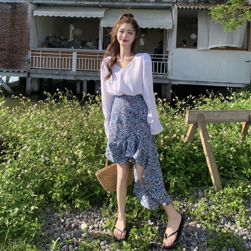 Chic irregular floral skirt women's spring and summer Korean 2022 new high waist thin fishtail skirt